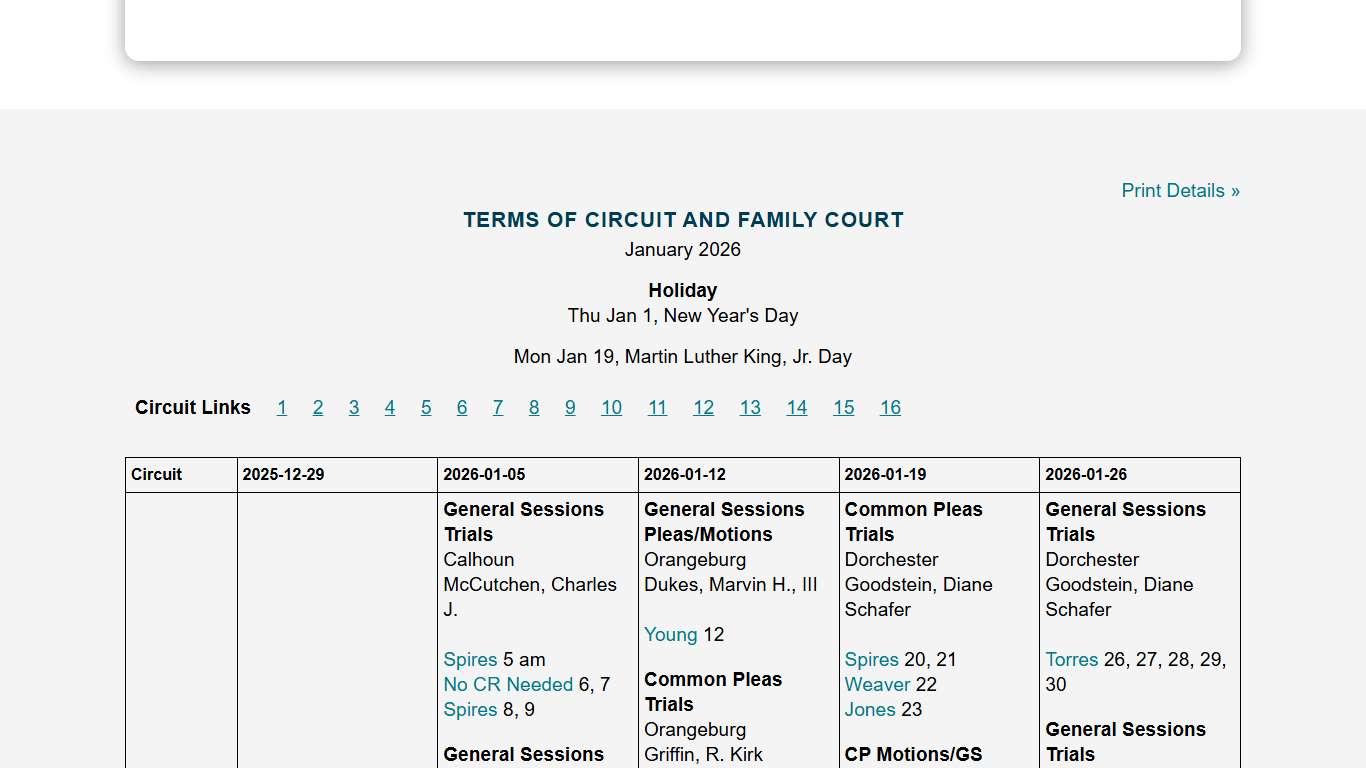Calendar Search - South Carolina Judicial Branch